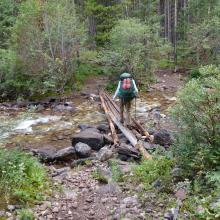 West Fork crossing at the base of White River Pass.  Note that the log bridge is not commonly present.